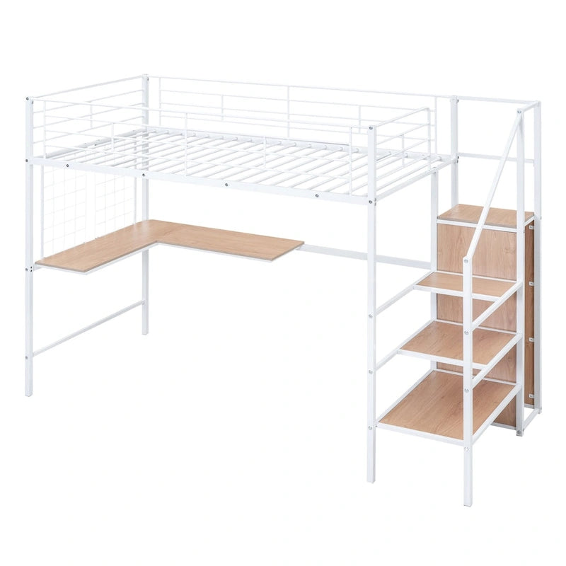 Metall-Hochbett für Einzelbett mit Schreibtisch und Metallgitter, stilvolles Metallrahmenbett mit seitlicher Stauraumleiter und Kleiderschrank