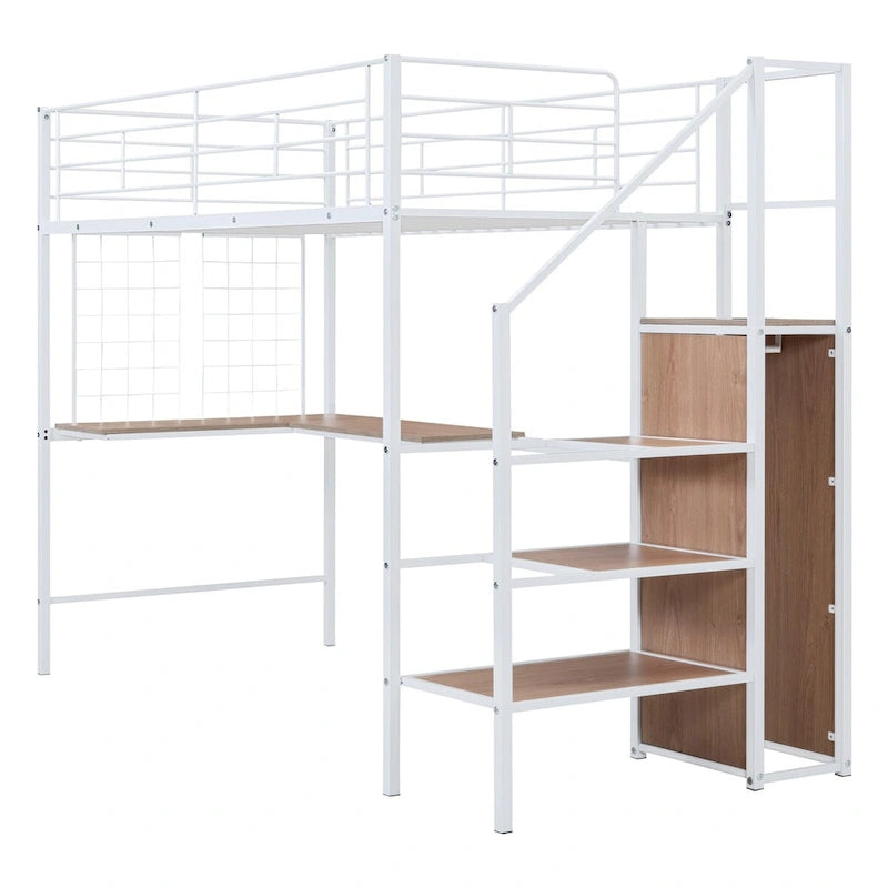 Metall-Hochbett für Einzelbett mit Schreibtisch und Metallgitter, stilvolles Metallrahmenbett mit seitlicher Stauraumleiter und Kleiderschrank