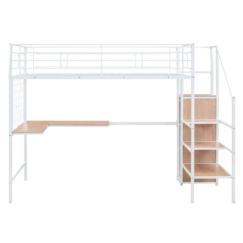 Metall-Hochbett für Einzelbett mit Schreibtisch und Metallgitter, stilvolles Metallrahmenbett mit seitlicher Stauraumleiter und Kleiderschrank
