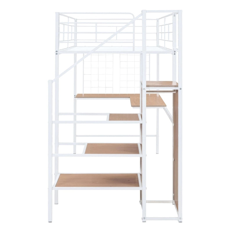 Metall-Hochbett für Einzelbett mit Schreibtisch und Metallgitter, stilvolles Metallrahmenbett mit seitlicher Stauraumleiter und Kleiderschrank