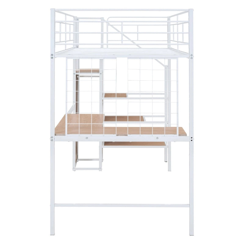 Metall-Hochbett für Einzelbett mit Schreibtisch und Metallgitter, stilvolles Metallrahmenbett mit seitlicher Stauraumleiter und Kleiderschrank