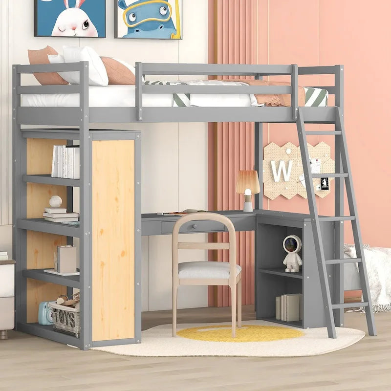 Letto a soppalco singolo con scrivania e cassetto, ripiani e armadietto sottostante, letto a soppalco alto singolo con spazio contenitore per bambini
