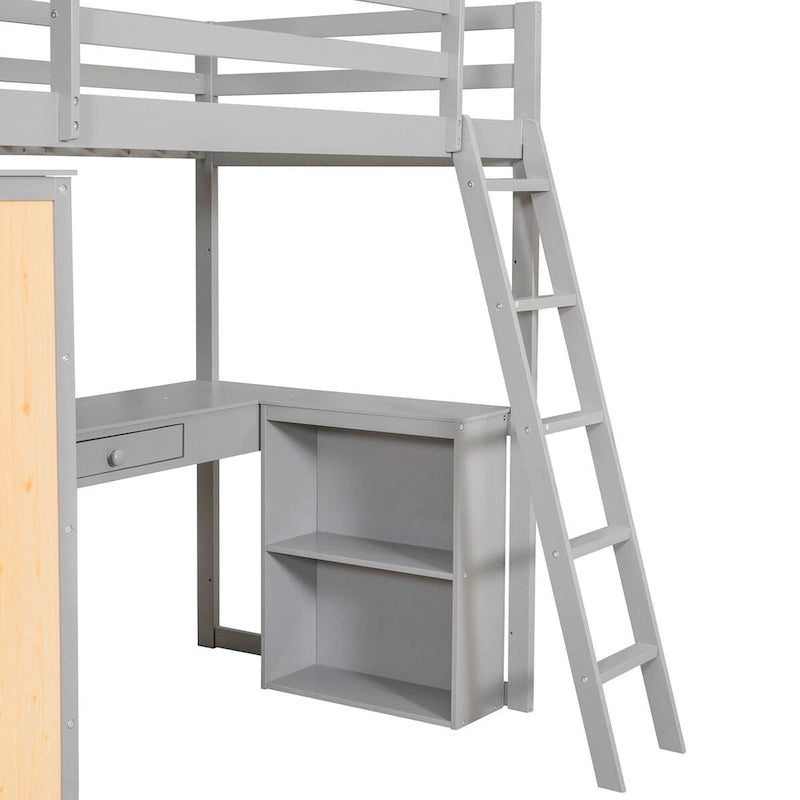 Letto a soppalco singolo con scrivania e cassetto, ripiani e armadietto sottostante, letto a soppalco alto singolo con spazio contenitore per bambini