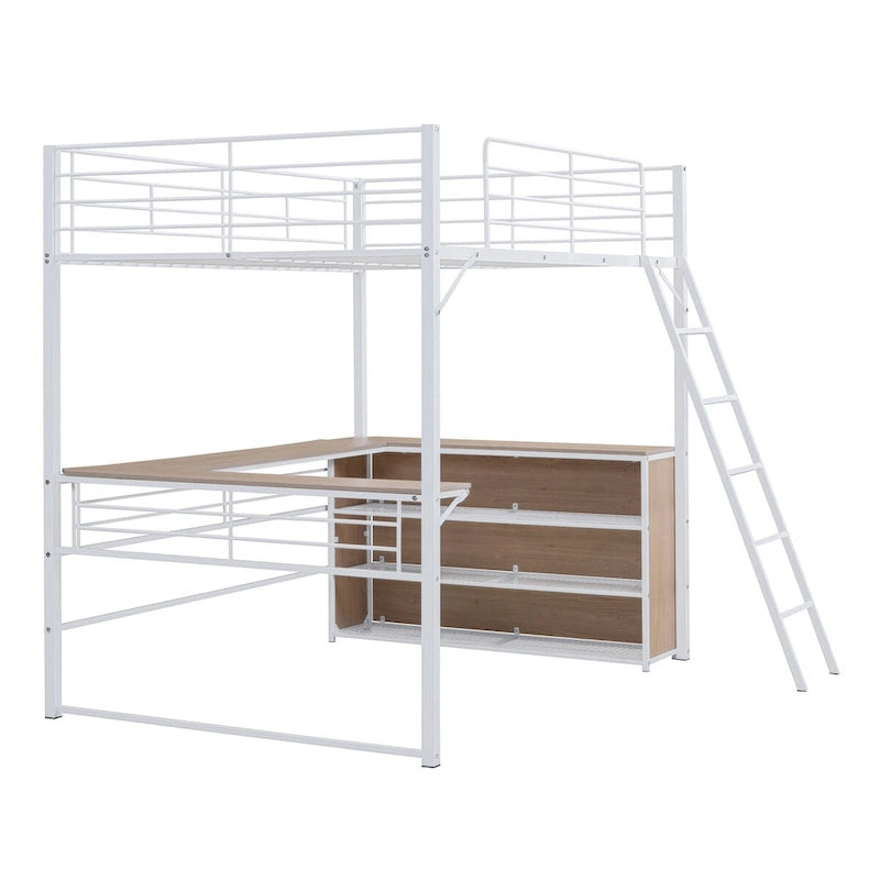Metal Loft Bed with L-shaped Desk and 3 Layers of Shelves, Reversible Ladder