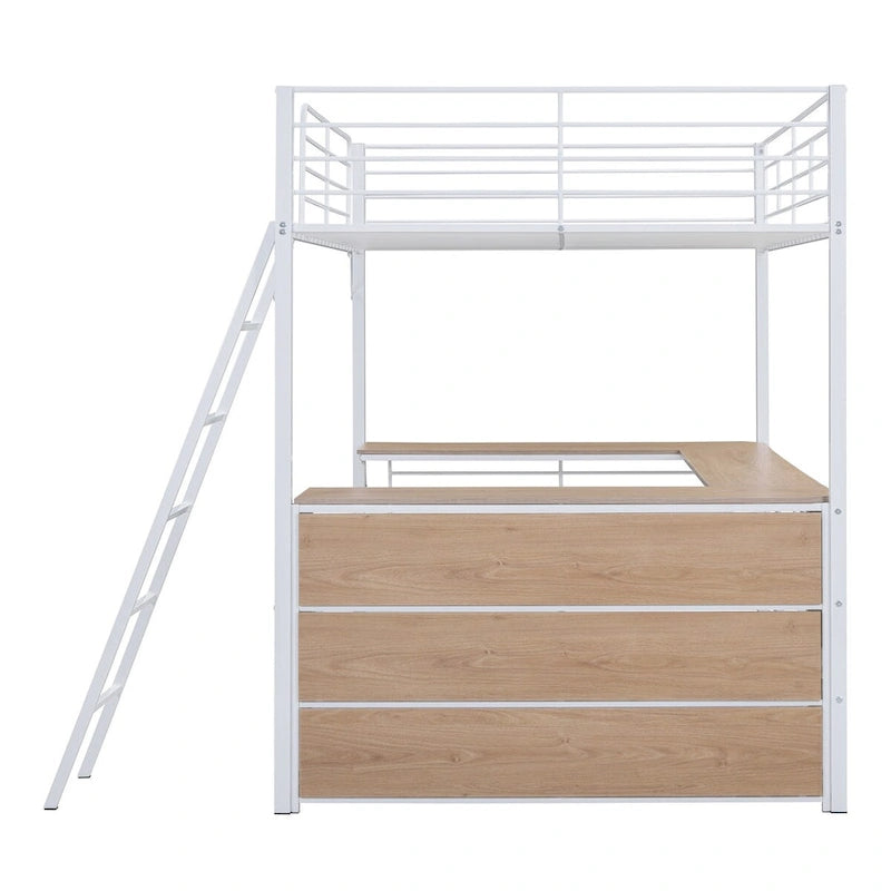 Metal Loft Bed with L-shaped Desk and 3 Layers of Shelves, Reversible Ladder