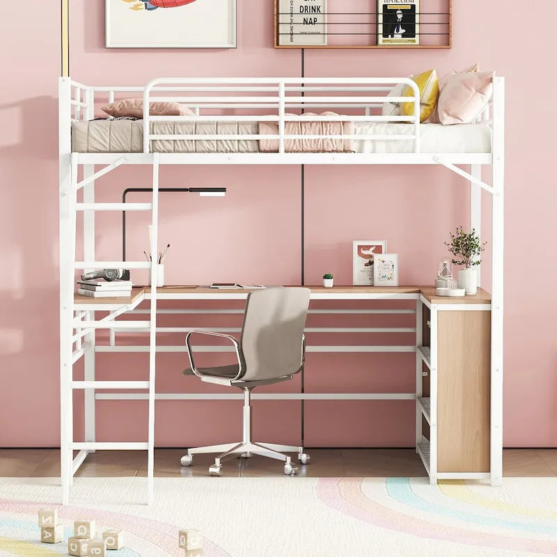 Metal Loft Bed with L-shaped Desk and 3 Layers of Shelves, Reversible Ladder