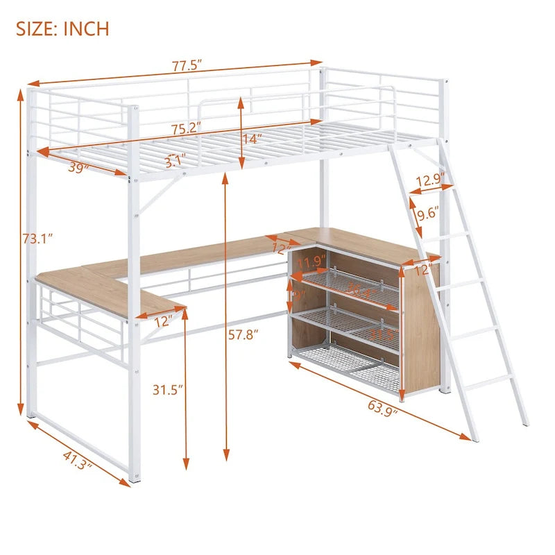 Metal Loft Bed with L-shaped Desk and 3 Layers of Shelves, Reversible Ladder