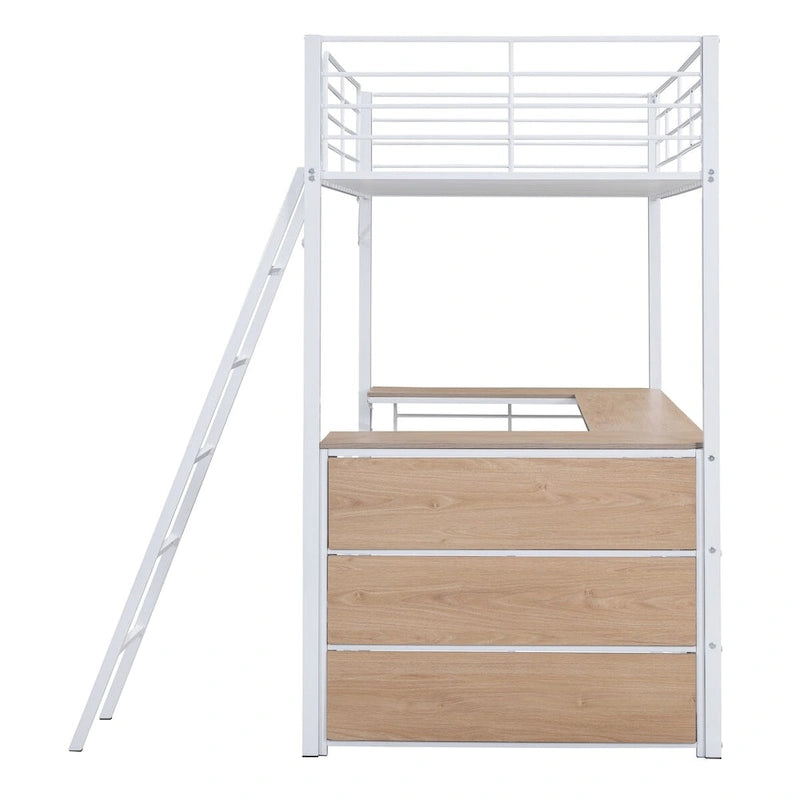 Metal Loft Bed with L-shaped Desk and 3 Layers of Shelves, Reversible Ladder