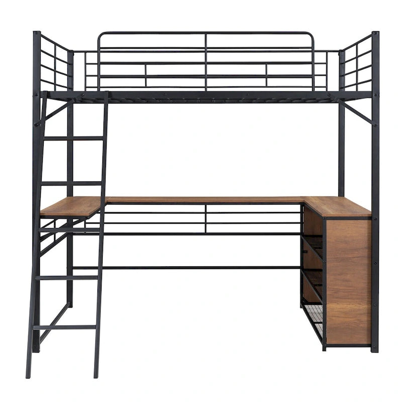 Metal Loft Bed with L-shaped Desk and 3 Layers of Shelves, Reversible Ladder