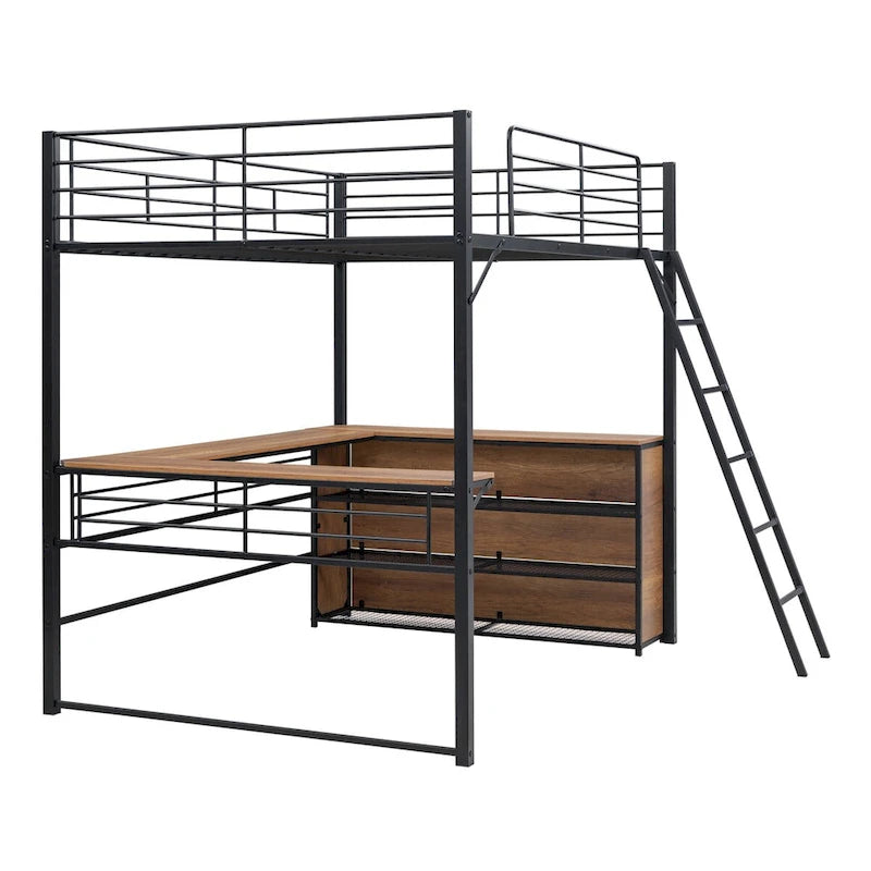 Metal Loft Bed with L-shaped Desk and 3 Layers of Shelves, Reversible Ladder