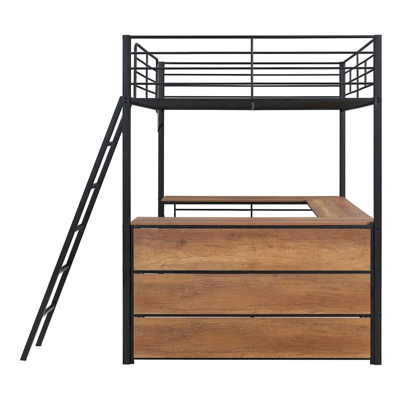 Metal Loft Bed with L-shaped Desk and 3 Layers of Shelves, Reversible Ladder