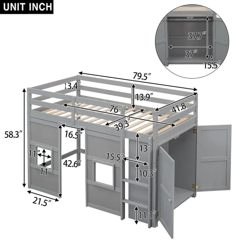 Hochbett aus Holz in Twin-Größe mit integriertem Stauraum-Kleiderschrank und 2 Fenstern, umlaufenden Absturzsicherungen am oberen Bett