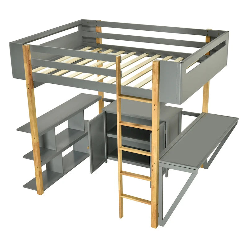 Hochbett aus Holz in Twin-Größe mit Schrank und Fächerwürfeln