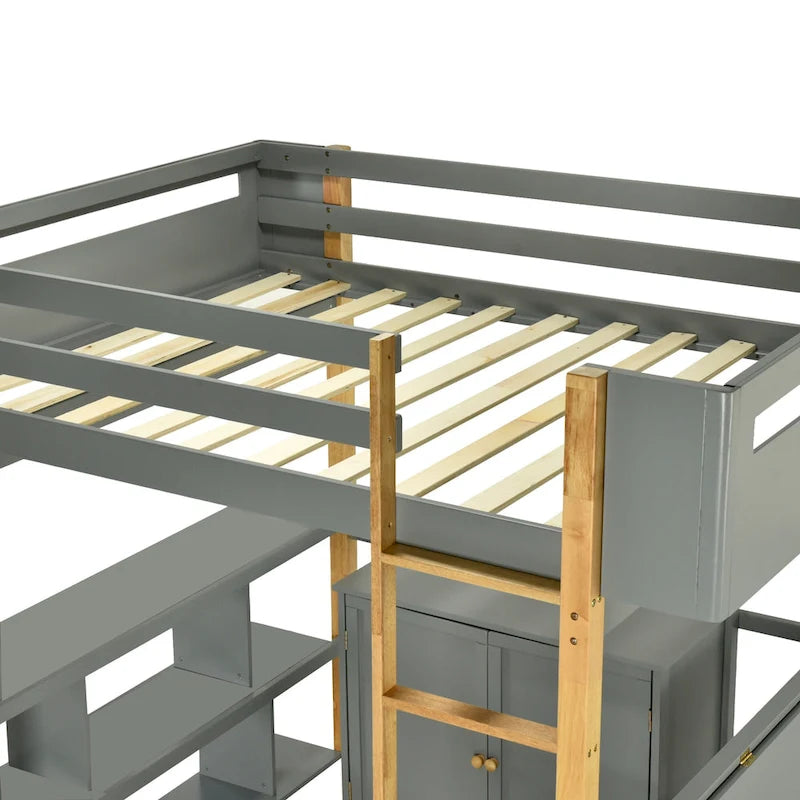 Houten hoogslaper voor eenpersoonsmatras met kast en kubussen