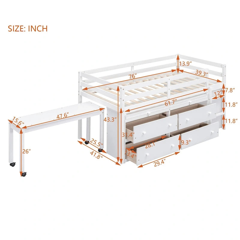 Lit mezzanine Twin Size avec bureau d’écriture et 4 tiroirs