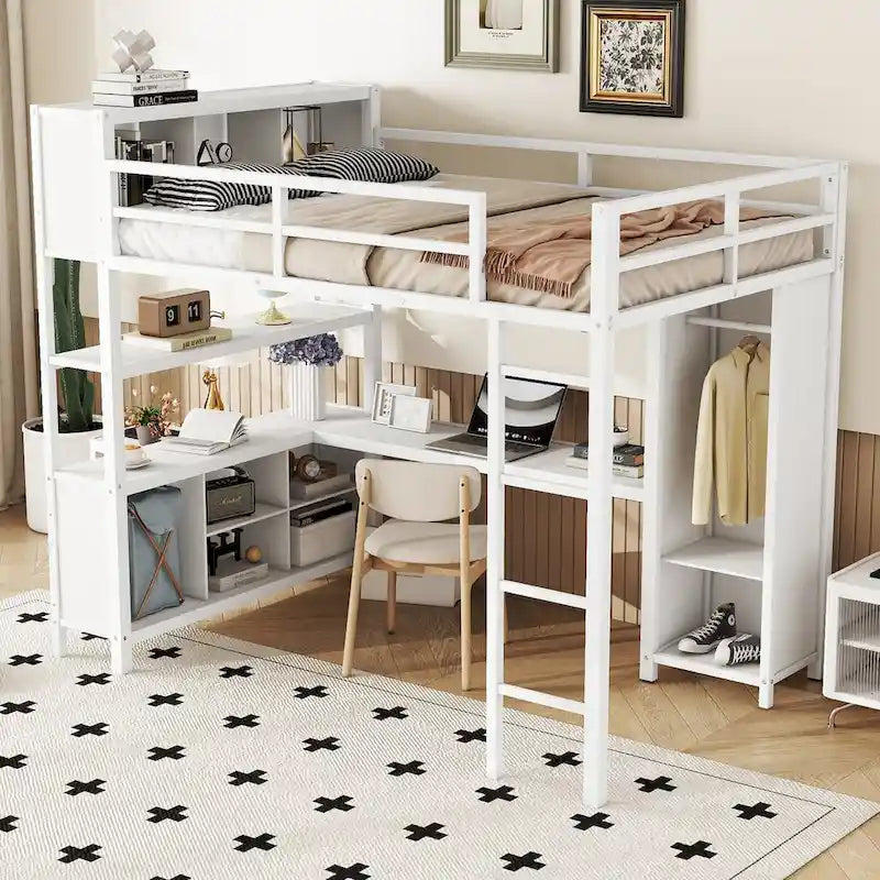 Modernes Metall-Hochbett in voller Größe mit Kleiderschrank und L-förmigem Schreibtisch