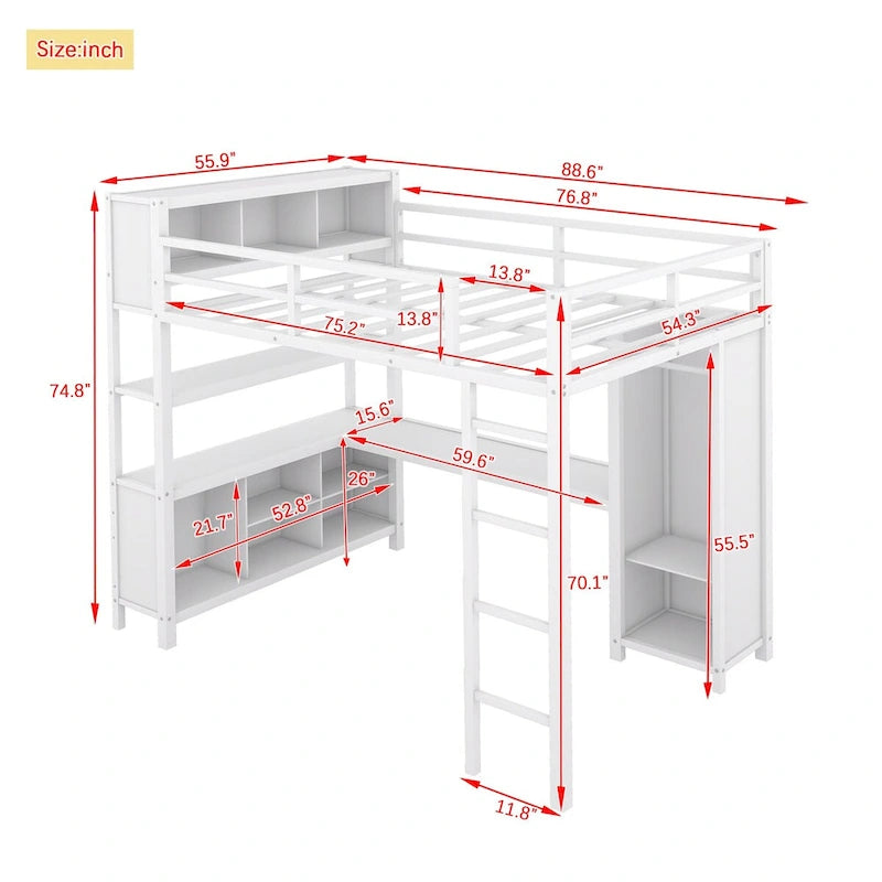 Modernes Metall-Hochbett in voller Größe mit Kleiderschrank und L-förmigem Schreibtisch