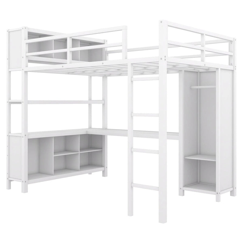 Modernes Metall-Hochbett in voller Größe mit Kleiderschrank und L-förmigem Schreibtisch