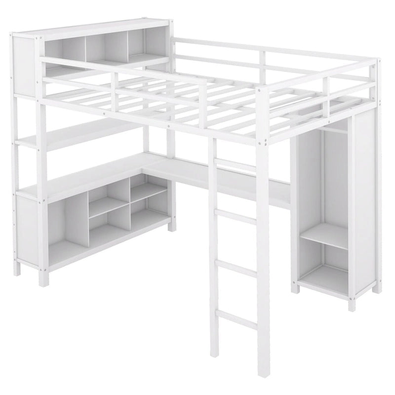 Modernes Metall-Hochbett in voller Größe mit Kleiderschrank und L-förmigem Schreibtisch