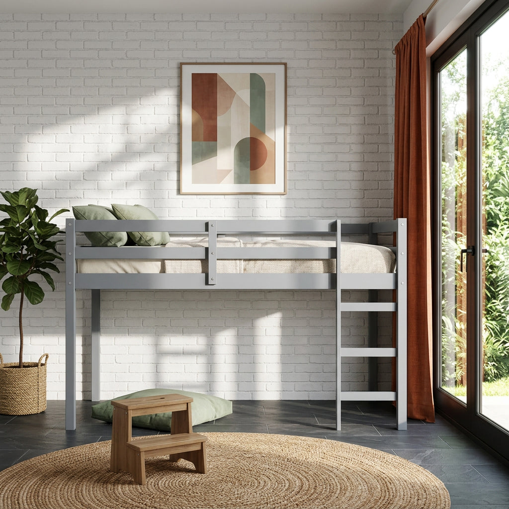 Solid Rubber Wooden Twin Loft Bed with Ladder and Strengthened Slats
