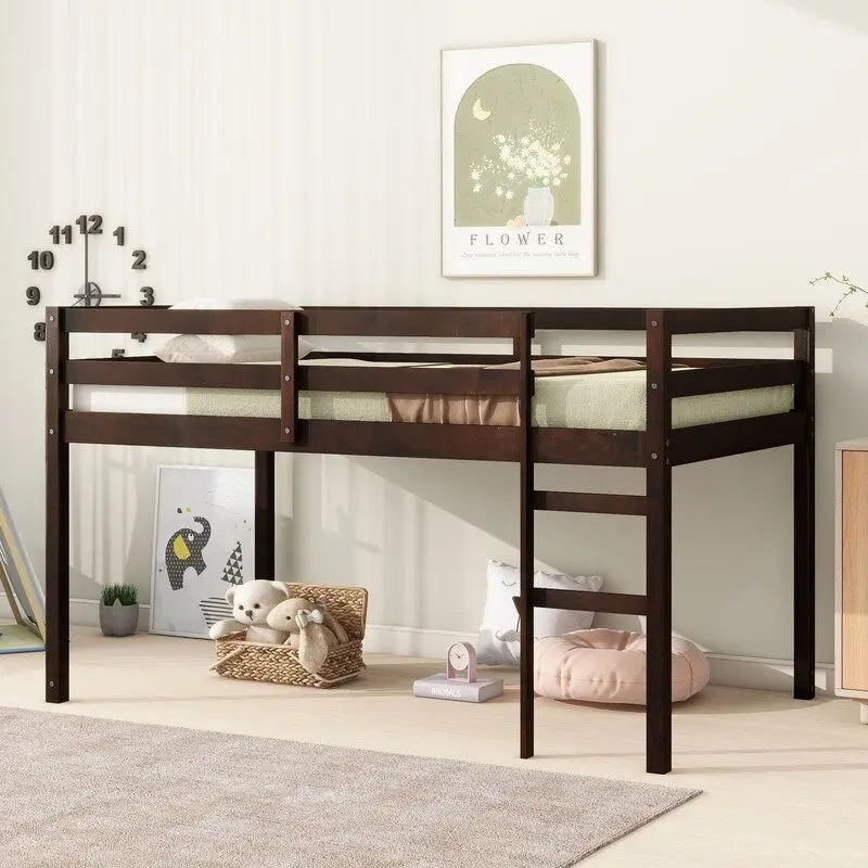 Letto a soppalco singolo in legno massello di gomma con scala e doghe rinforzate