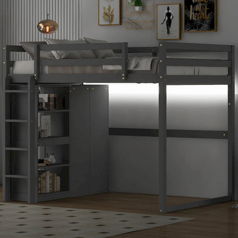 Merax Full Size Loft Bed with Built-in Wardrobe, Storage Shelves and LED light
