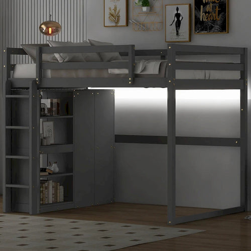 Merax Full Size Loft Bed with Built-in Wardrobe, Storage Shelves and LED light
